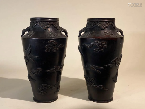 Pair Japanese Meiji Bronze Vases - Crane
