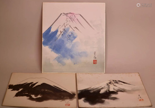 Japanese Water Color of Mt Fuji - Group of three