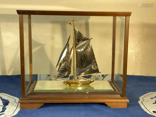 Japanese Silver Sail Boat in Display Case