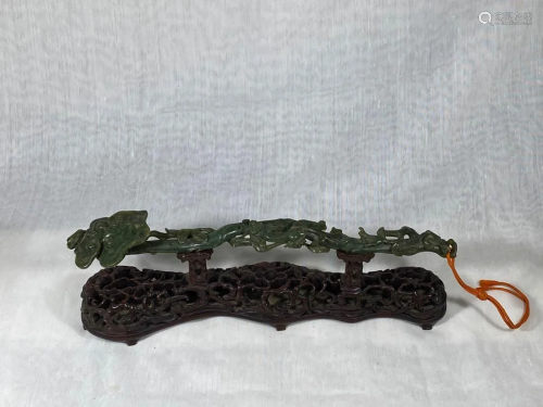 Chinese Spinach Green Jade Ruyi Scepter with Wood Base