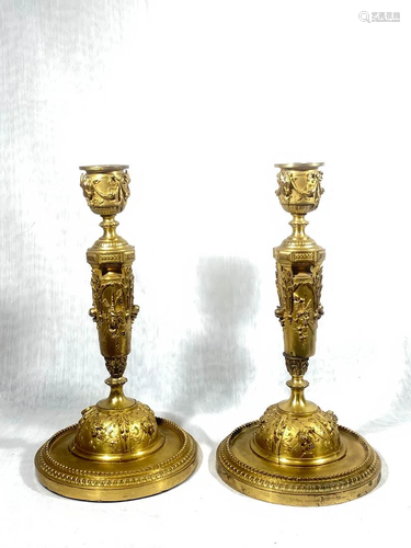 Pair French Ferdinand Barbadienne Gilt Bronze Candle