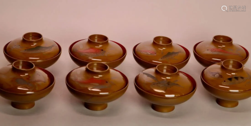 Japanese Lacquer Bowl Set with Fish