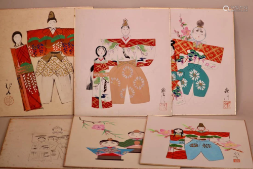 Japanese Water Color - Dolls - Group of Six