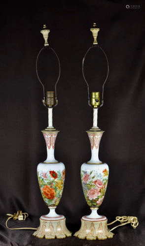 Pair Painted Art Glass Vase lamps