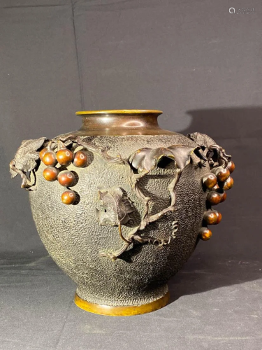 Japanese Meiji Bronze Vase with Grape DÃ©cor