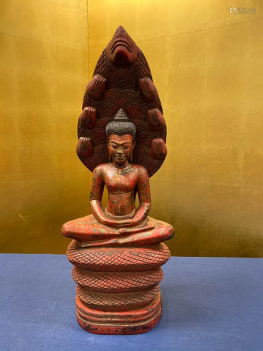 South East Asian Carved Wood Naga Buddha