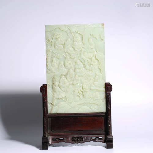 A CHINESE WHITE JADE TABLE SCREEN AND STAND
