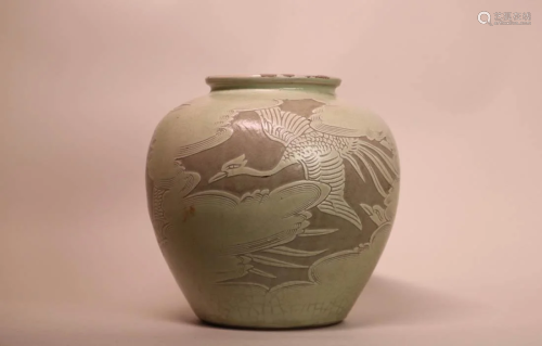 Nice Asian Porcelain Vase with Carved Goose Motif