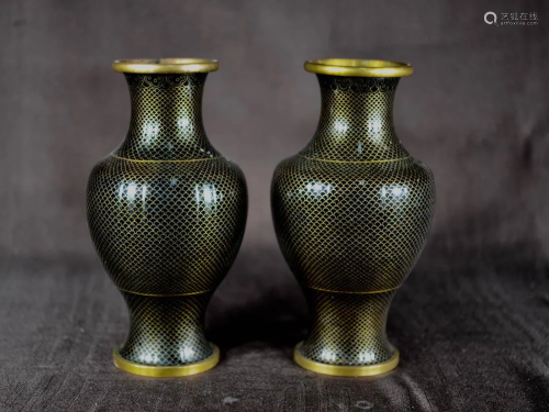 Pair Chinese Fish Scale Cloisonne Vase