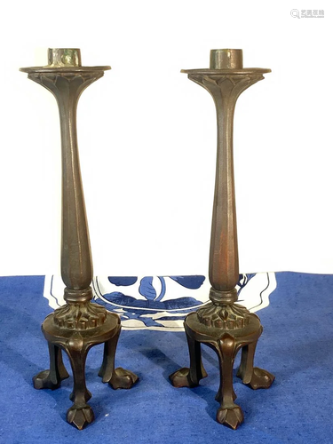 Pair Arts and Crafts Bronze Candle Holder with