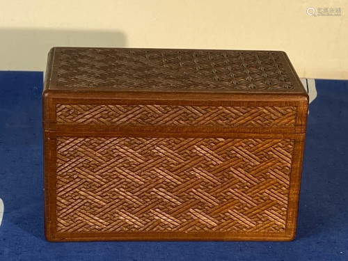 Japanese Carved Wood Box with Geometric Pattern