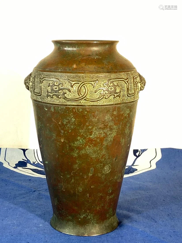 Japanese Bronze Vase with Foolion Mask Handle