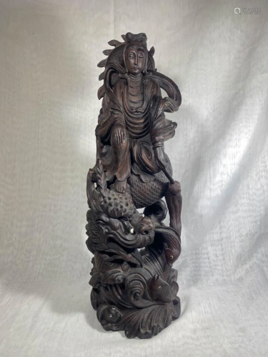 Chinese Carved Wood Kuanyin Riding Dragon