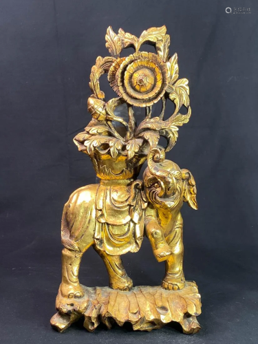Chinese Wood Elephane with Flower with Gold Lacquer