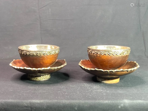Pair Chinese Huanghuali Wood and Silver Lotus Bowl
