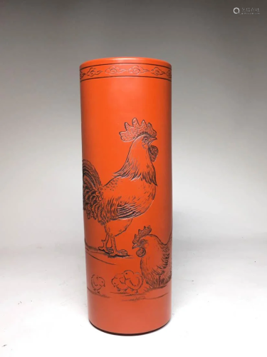 Japanese Red Clay Vase with Rooster Scene