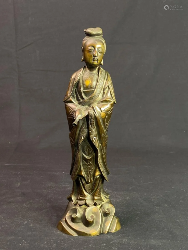 Chinese Bronze Standing Kuanyin with Vase