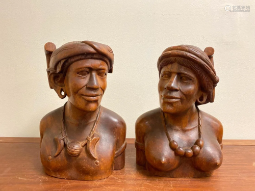 Pair Southeast Asia Carved Wood Bust