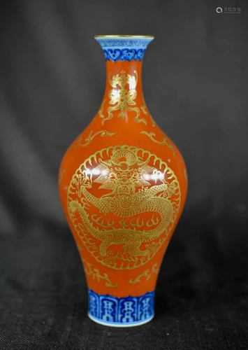 Chinese Coral Red Porcelain Vase with Dragons