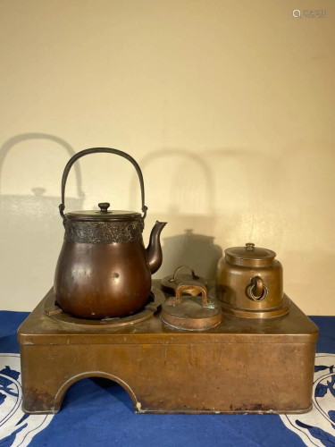 Japanese Bronze Tea Brewing Set Including Waterpot