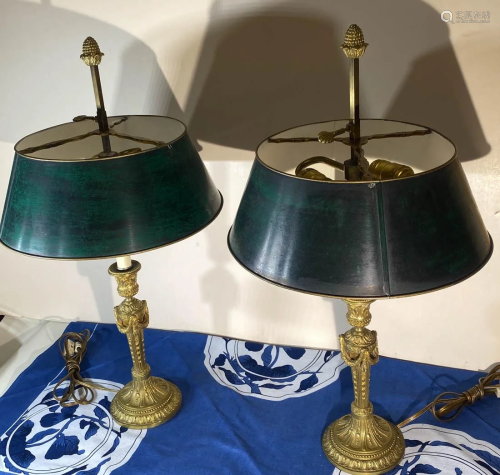 Pair French Gilt Bronze Lamps with Metal Sahdes