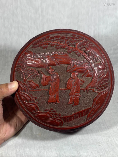 Chinese Carved Cinnebar Box with Scholar Scene