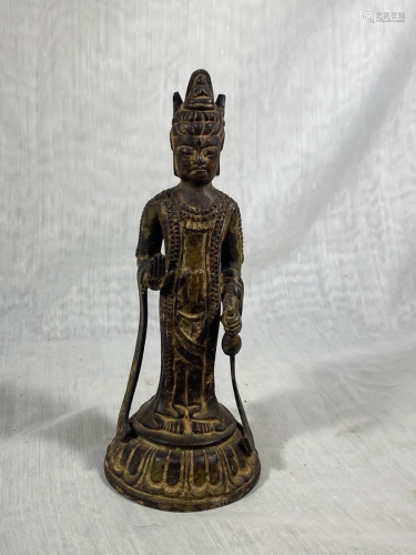 Chinese Bronze Standing Kuanyin wth Vase