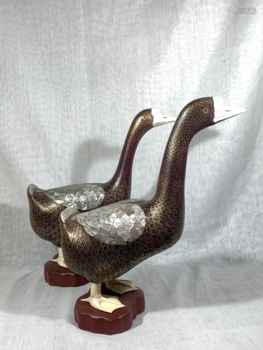 Pair Chinese Lacquer Goose with Mother of Pearl Inlay
