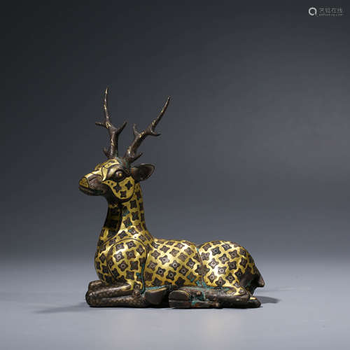 A CHINESE GOLD AND SILVER INLAID BRONZE DEER