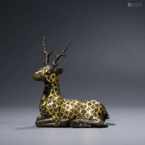 A CHINESE GOLD AND SILVER INLAID BRONZE DEER