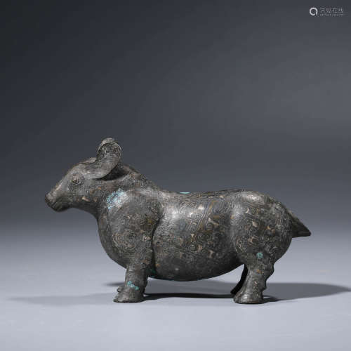 A CHINESE GOLD AND SILVER INLAID BRONZE BULL