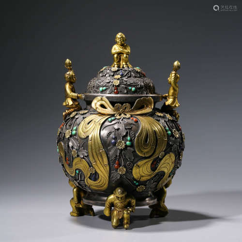 A CHINESE SIVER GILDING CHILD CENSER AND COVER