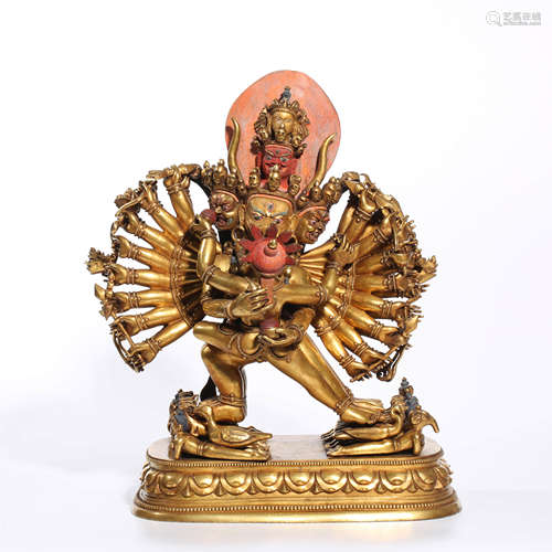 A CHINESE GILT-BRONZE YAMANTAKA STATUE