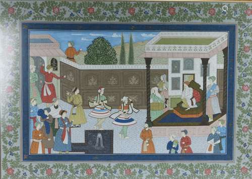 Indian painting depicting figures dancing for a seated gentleman in a courtyard setting with