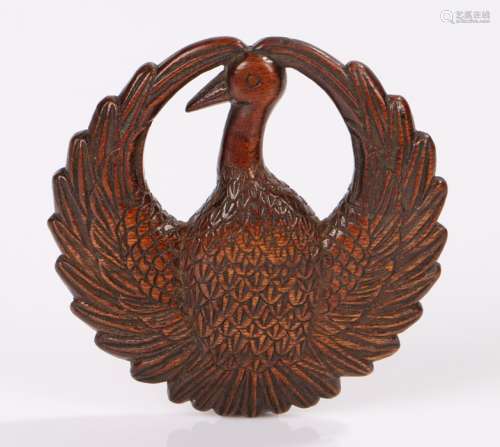 Japanese Meiji period netsuke, the netsuke of carved wood in the form of a Crane circle, 7.5cm