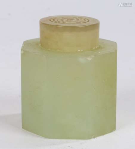 Chinese hardstone octagonal box and cover, in celadon with fruits and character marks, 6cm high