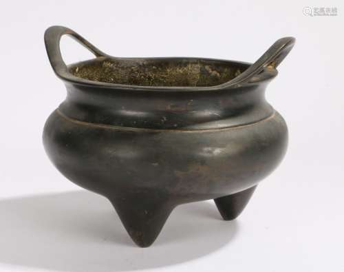 Chinese bronze censer, the circular body with arched handles and squat body, four character mark