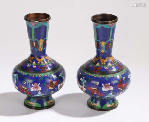 Pair of Chinese cloisonne vases, the blue ground with butterfly and foliate decoration, 21cm high