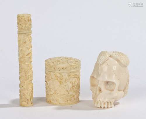 Chinese ivory needle case, Qing Dynasty, together with a box and cover and a carved skull, (3)
