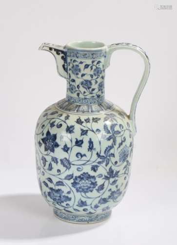 Chinese porcelain ewer, the neck with spout and scroll decorated handle above a bulbous foliate