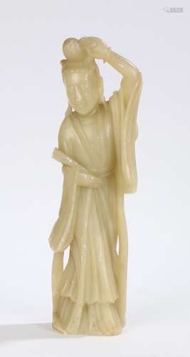 Chinese soapstone figure, of a standing figure with a hand above her head, 35.5cm high