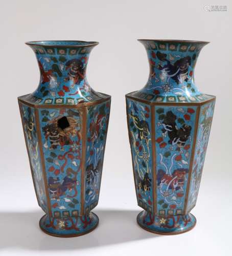 Pair of Chinese cloisonne vases, with waisted necks above tapering hexagonal bodies, the light