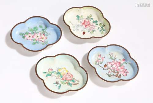Set of four Chinese cloisonne dishes, of quatrefoil form, the blue and white grounds with foliate