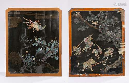 Fine pair of Japanese Edo period black lacquer and mother of pearl inlaid panels, the first panel