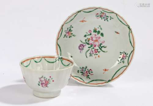 18th Century Chinese export porcelain tea bowl and saucer, with foliate and swag decoration