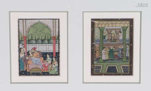 Indian school miniatures, with two panels in one frame, the first showing a courting couple with