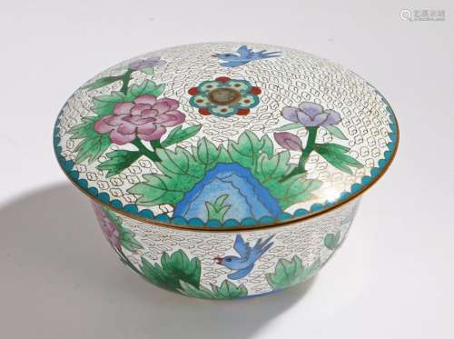 Chinese cloisonne pot and cover, the white ground with bird and foliate decoration, 15.5cm diameter