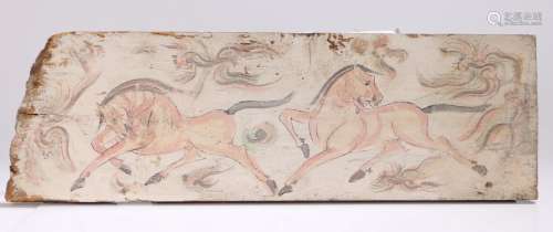Chinese painted panel, depicting two galloping horses, 73cm wide max x 22.5cm