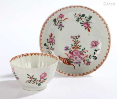 18th Century Chinese export porcelain tea bowl and saucer, with flowering cornucopia decoration