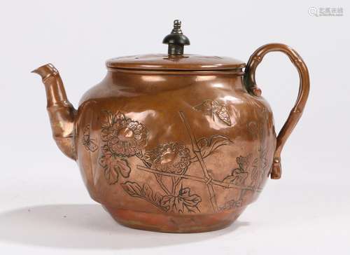 Chinese copper teapot, with foliate and butterfly decorated lid and body, stylised bamboo spout